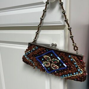 Beaded Brown Clutch with Blue Accents